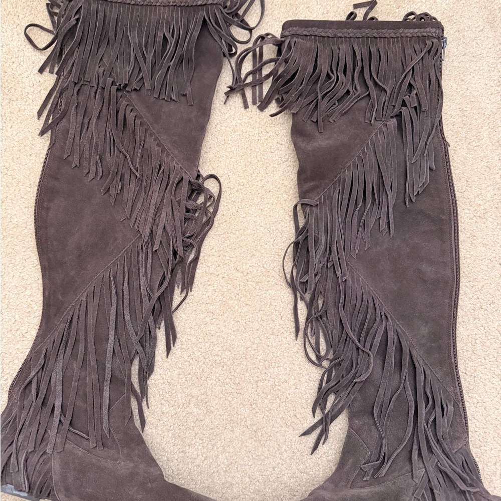 Sam Edelman Brown Suede Fringe Over the Knee Boots